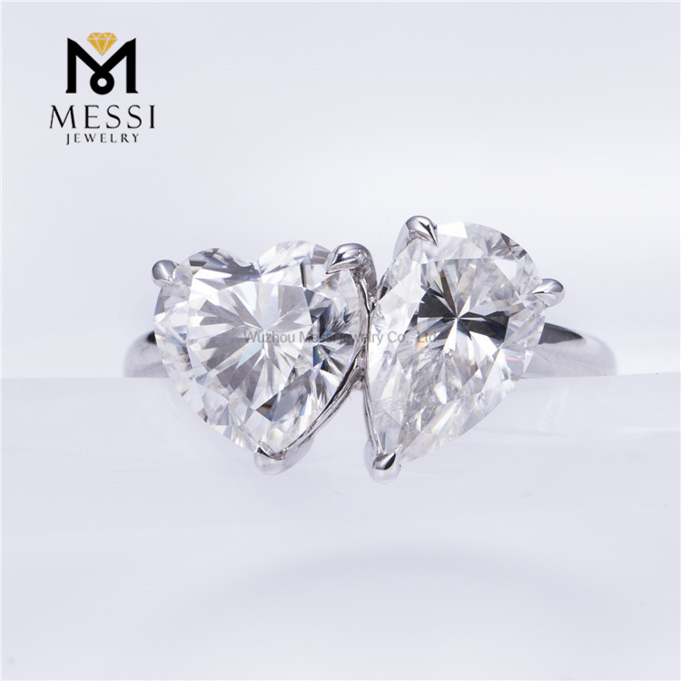 Anillos de diamantes de laboratorio de pera y corazón de diseño contemporáneo de oro blanco de 14 quilates de 3 quilates