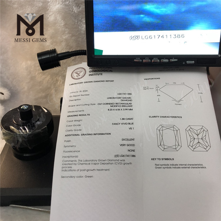 1.88CT VS1 EX VG CVD RECTANGULAR FANCY VIVID BLUE diamantes de fábrica LG617411386 丨Messigems