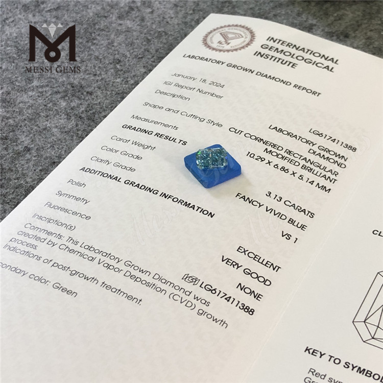 3.13CT VS1 EX VG RECTANGULAR FANCY VIVID BLUE CVD IGI diamantes creados en laboratorio LG617411388 丨Messigems