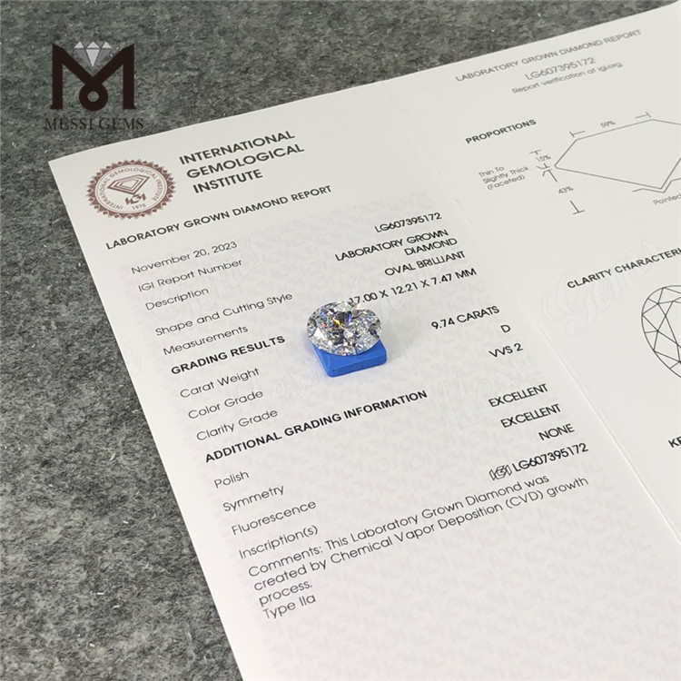 9.74CT D VVS2 OV diamantes grandes creados en laboratorio CVD LG607395172 丨Messigems