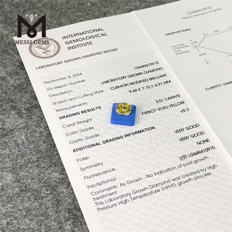 3.01ct cojín elegante amarillo vívido vs2 diamones hechos hpht lg649410915 