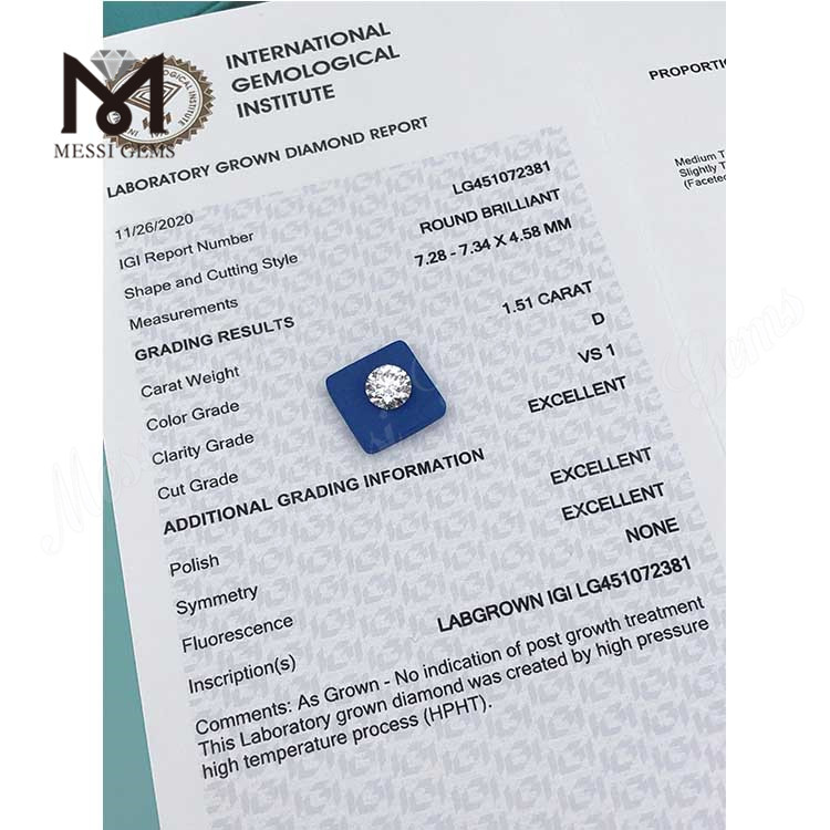 Diamante cultivado en laboratorio de grado de corte D VS1 RD EX de 1,51 quilates HPHT