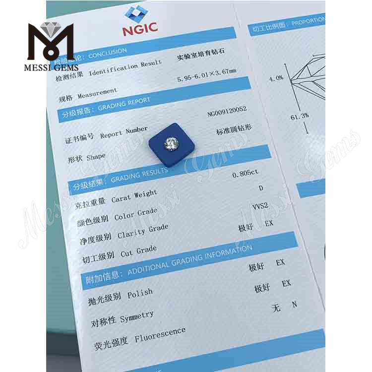 0.805CT blanco VVS2 3EX diamante suelto redondo hecho en laboratorio 