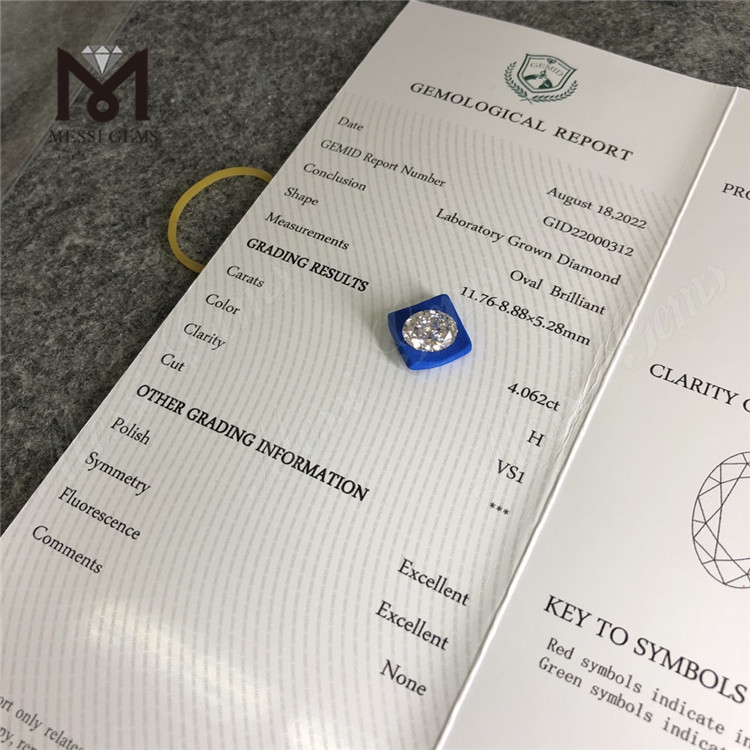 Diamante de laboratorio CVD de 4,062 quilates, forma ovalada, diamante cultivado en laboratorio EX a la venta