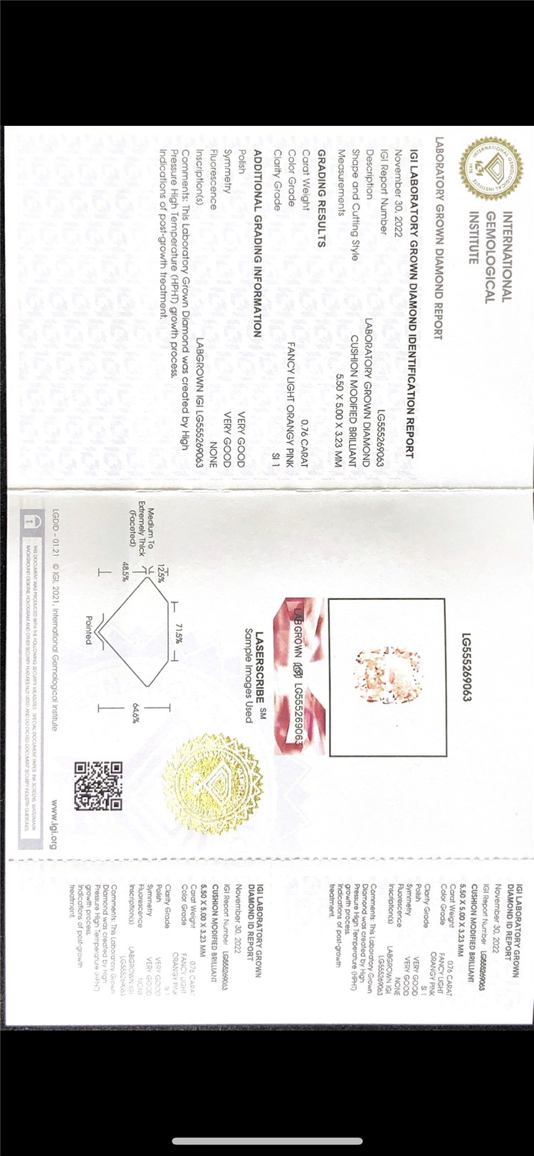 Fabricante de diamantes cultivados en laboratorio de color rosa de 0,76 quilates 