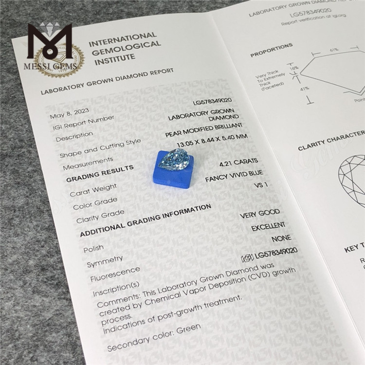 4.21CT VS1 VG EX PEAR FANCY VIVID BLUE diamantes baratos fabricados en laboratorio CVD LG578349020