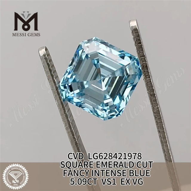 5.09CT CORTE ESMERALDA CUADRADA AZUL INTENSO FANCY VS1 EX VG CVD diamante creado en laboratorio LG628421978 丨Messigems 