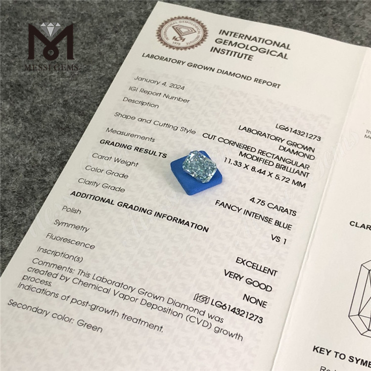 4.75CT AZUL RECTANGULAR VS1 Diamante cultivado en laboratorio CVD LG614321273 