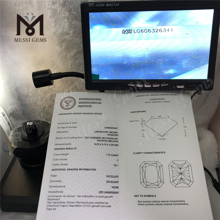 1.79CT F VS RECTANGULAR IGI Diamantes clasificados CVD LG606326341 Perfección impecable 丨Messigems 
