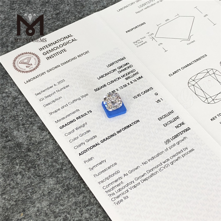 10.92CT G VS1 EX EX COJÍN CUADRADO Diamantes de laboratorio CVD LG597379363 丨Messigems