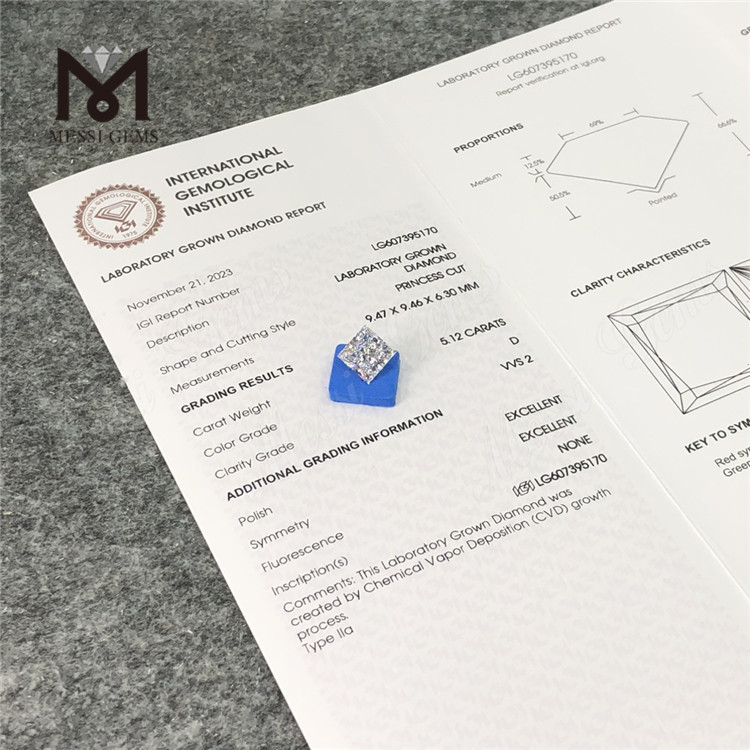 5.12CT D SQ VVS2 porcelana de diamante cultivada en laboratorio CVD IGI LG607395170