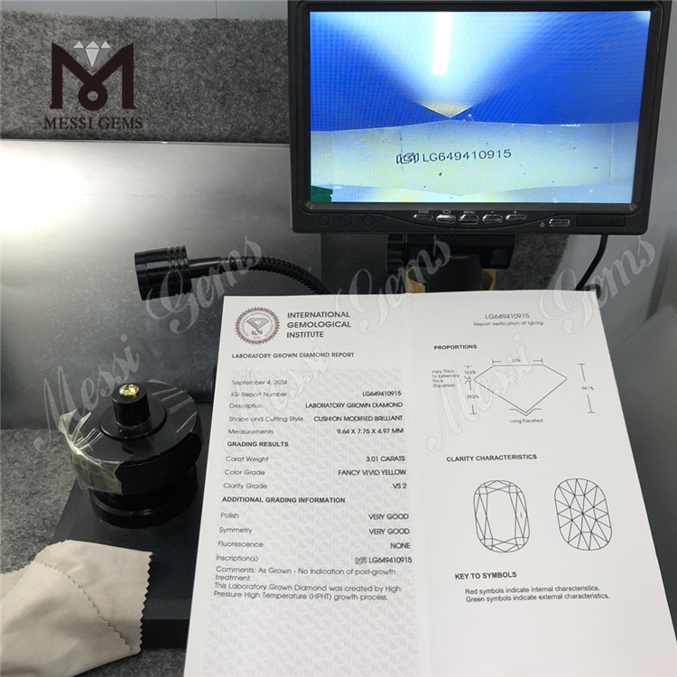 3.01ct cojín elegante amarillo vívido vs2 diamones hechos hpht lg649410915 