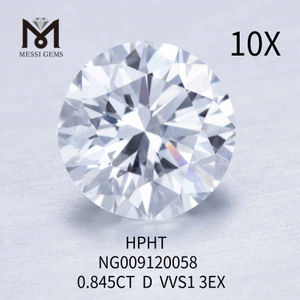 Diamante de laboratorio suelto redondo de 0,845 quilates VVS1 3EX D