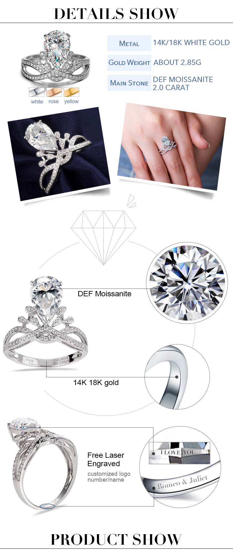 detalles del anillo de oro moissanite