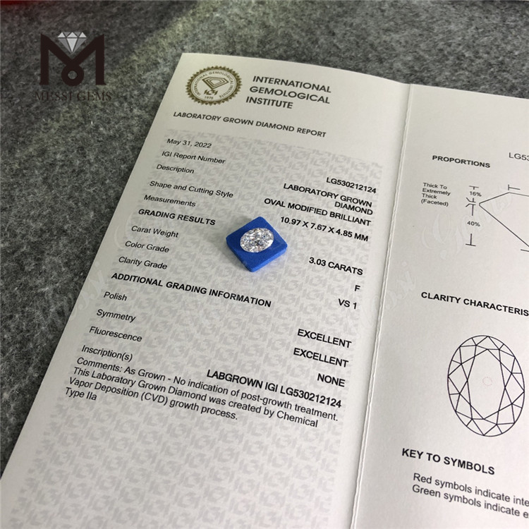 3.03ct F VS1 OVAL CVD Certificado IGI de diamante creado en laboratorio 