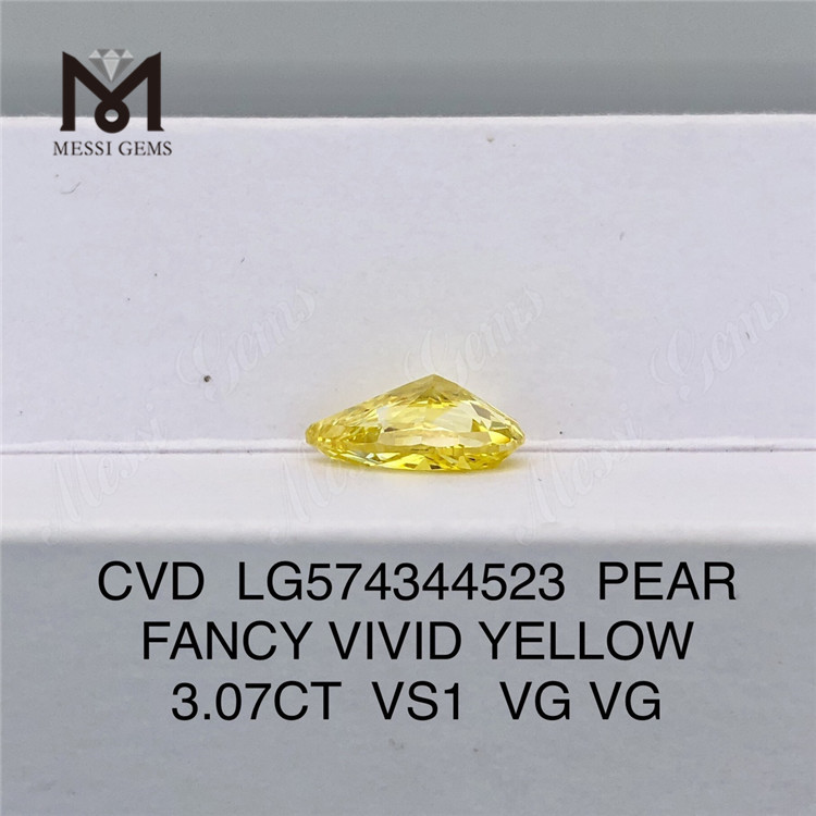 3.07CT PERA FANCY AMARILLO VIVIDO VS1 VG VG Diamante creado en laboratorio de 3ct CVD LG574344523