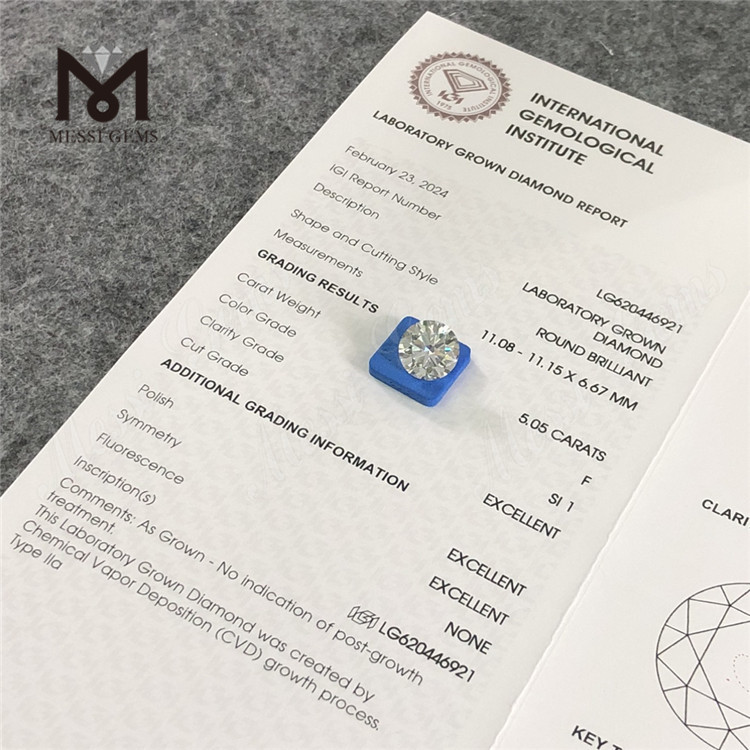 5.05CT F SI1 3EX CVD Diamantes redondos cultivados en laboratorio precio barato 丨Messigems LG620446921 
