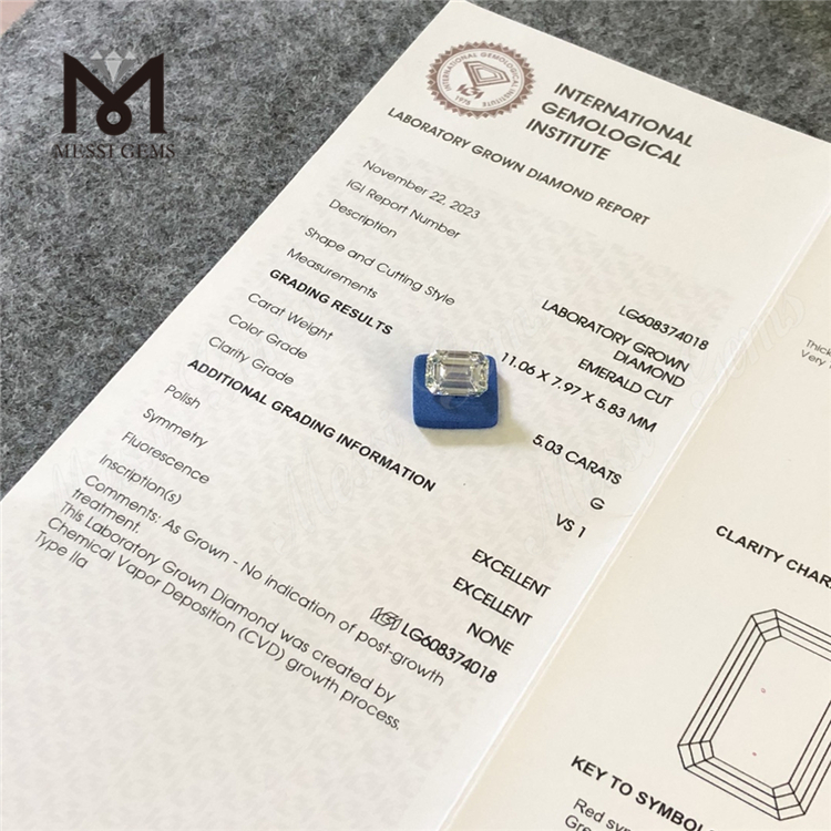 5.03CT G VS1 Diamantes sintéticos de talla esmeralda en línea Brilla con confianza 丨Messigems CVD LG608374018