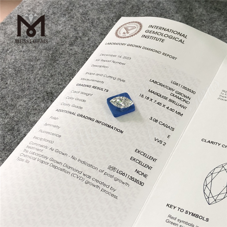 Diamantes de laboratorio de 3,08 quilates E VVS2 MQ CVD IGI Certified Sparkle丨Messigems LG611353530