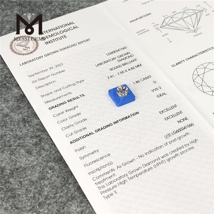 1.86CT D VVS2 ID Diamantes tratados con Hpht LG600341560 Elecciones ecológicas 丨Messigems