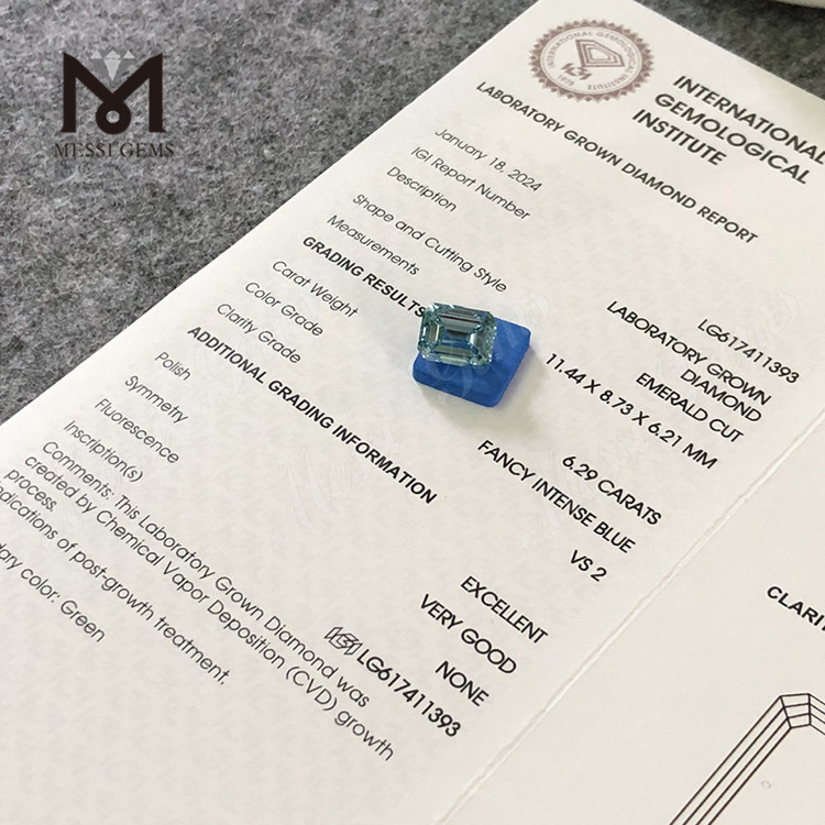 6.29CT EM VS2 FANCY INTENSE BLUE diamante cvd cultivado en laboratorio 丨Messigems CVD LG617411393