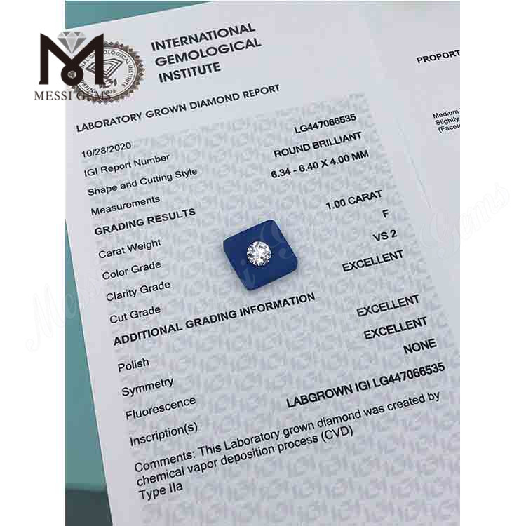 1 quilate F VS2 Redondo BRILLANTE EX Corte CVD laboratorio diamantes IGI