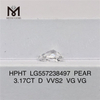 3.17CT D VVS2 VG VG PEAR diamante cultivado en laboratorio HPHT