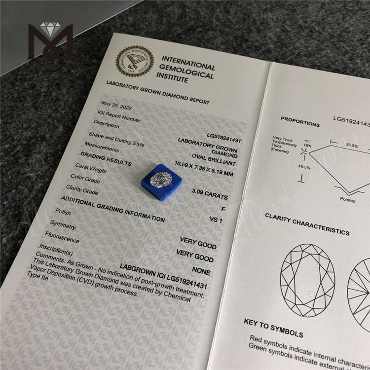 3.09ct F VS1 VG VG OVAL CVD IGI Certificado laboratorio de diamantes