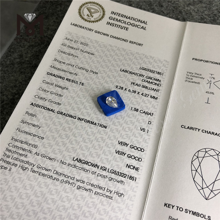 1.58ct D VS1 mejor diamante de laboratorio suelto PERA Diamante de laboratorio suelto brillante al por mayor CVD