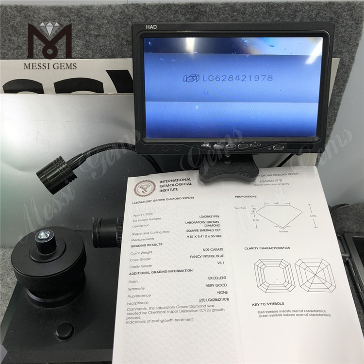 5.09CT CORTE ESMERALDA CUADRADA AZUL INTENSO FANCY VS1 EX VG CVD diamante creado en laboratorio LG628421978 丨Messigems 
