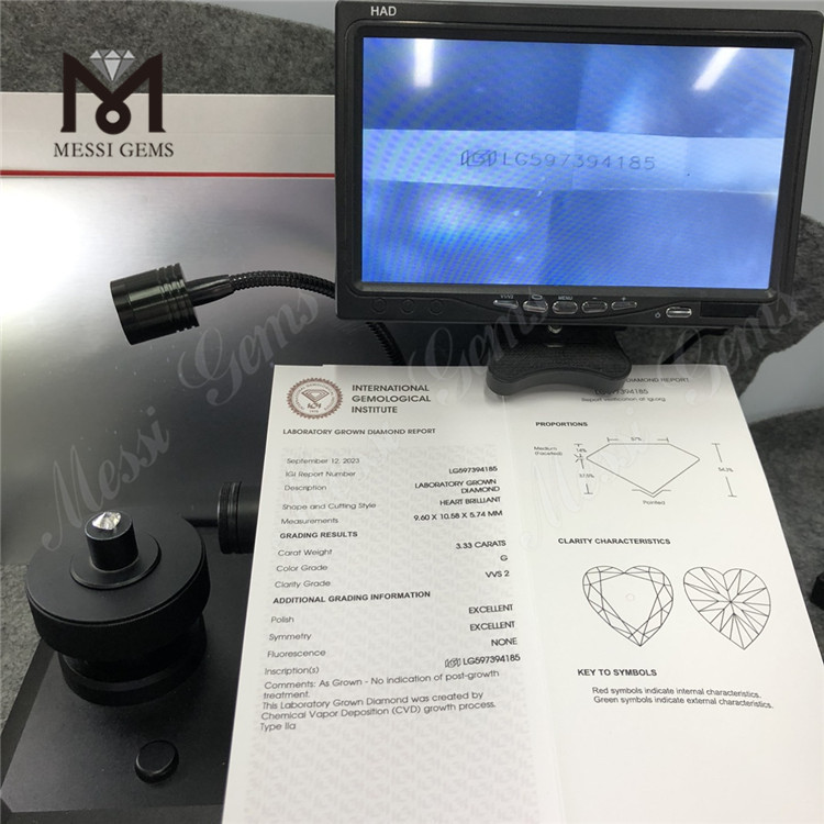 3.33CT G VVS2 EX EX HS Diamante cvd cultivado en laboratorio de 3 quilates LG597394185 丨Messigems 