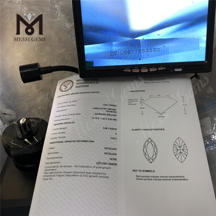 Diamantes de laboratorio de 3,08 quilates E VVS2 MQ CVD IGI Certified Sparkle丨Messigems LG611353530