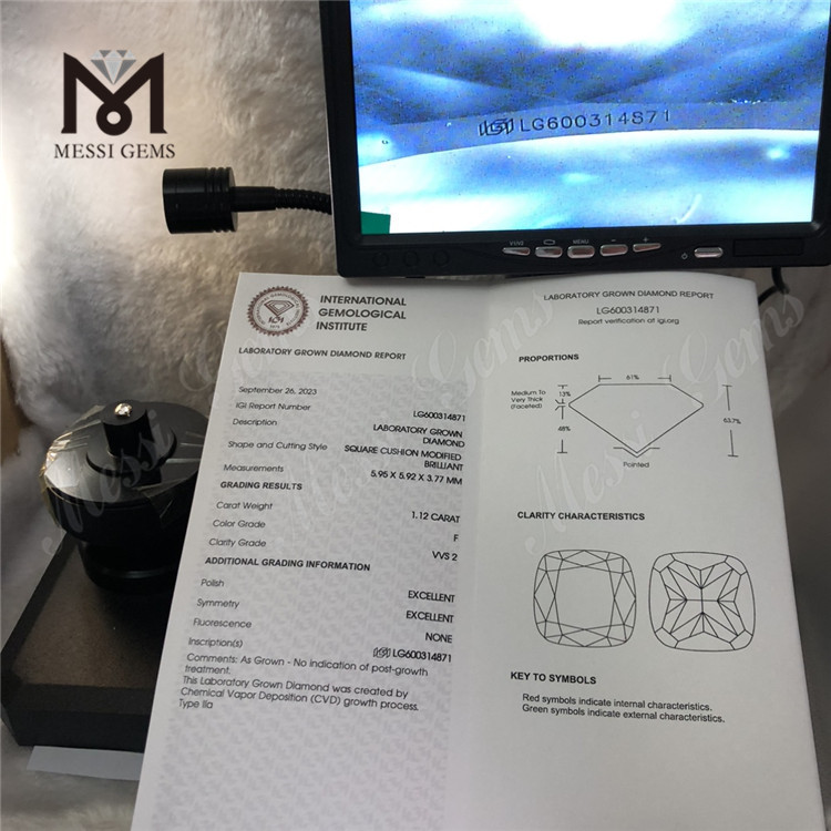 1.12CT F VVS2 Cojín CVD Precio de diamante cvd de 1 quilate 丨Messigems LG600314871