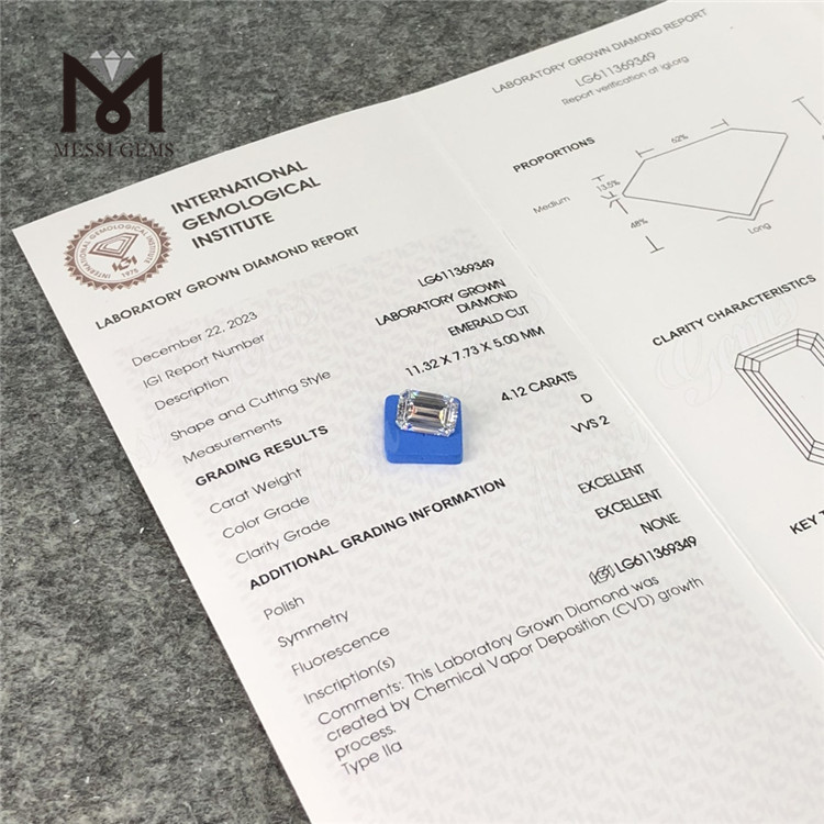 4.12CT D diamantes fabricados sueltos de talla esmeralda de 4ct VVS2 LG611369349 丨Messigems