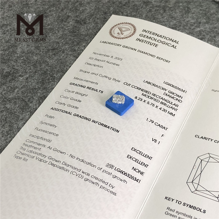 1.79CT F VS RECTANGULAR IGI Diamantes clasificados CVD LG606326341 Perfección impecable 丨Messigems 