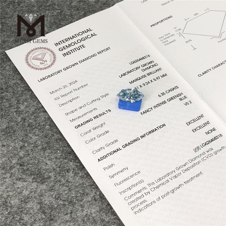 6.35CT FANCY INTENSE VERDOSO Azul diamantes cultivados MQ CVD LG626468316丨Messigems