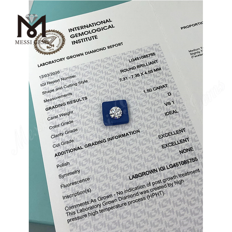 Diamante cultivado en laboratorio D VS1 RD de 1,50 ct Corte IDEAL