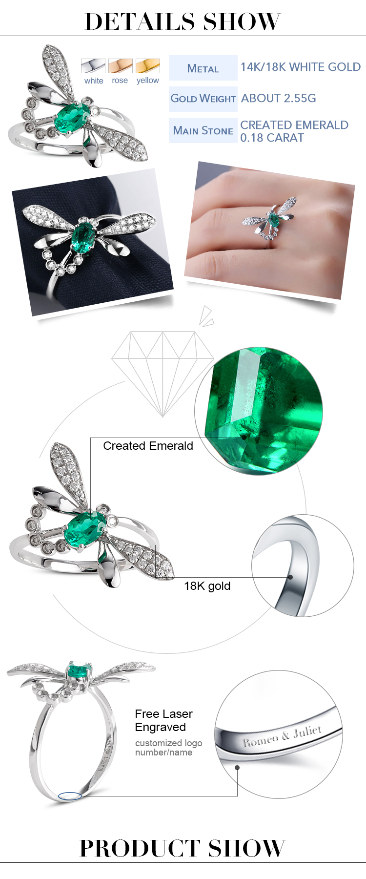 Detalles de los anillos de oro esmeralda