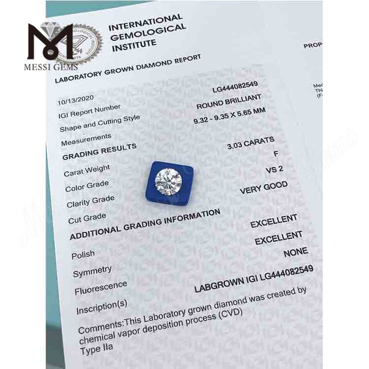 3,03 ct F VS2 Diamantes de laboratorio redondos Grado de corte VG