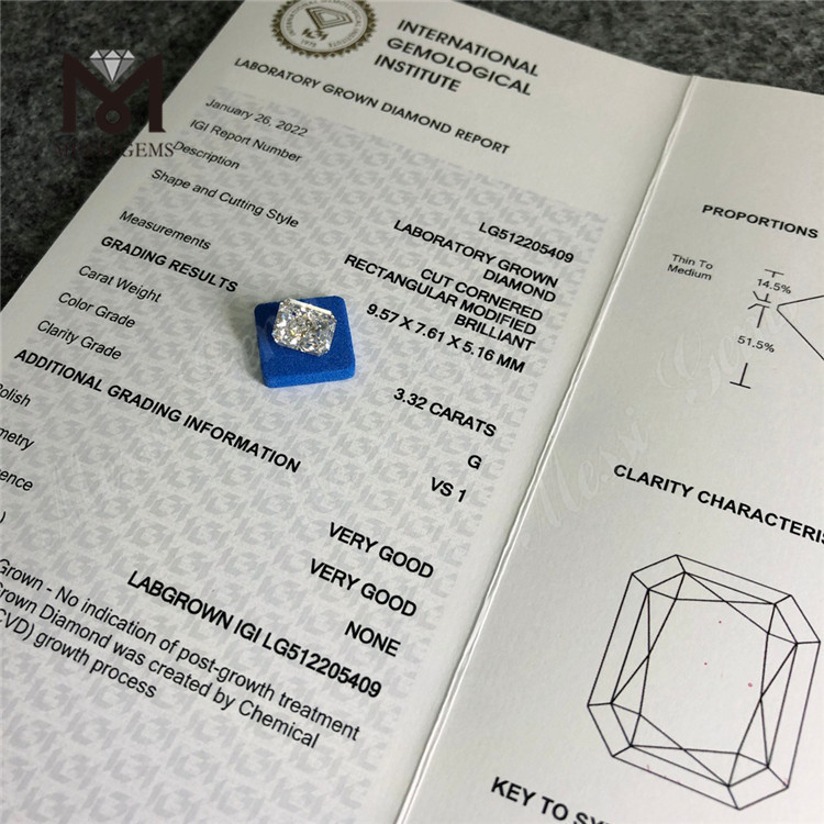 3.32CT G VS cvd Diamante cultivado en laboratorio RECTANGULAR Certificado IGI diamante de laboratorio