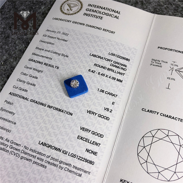 Venta al por mayor de diamantes cvd E de 1,06 quilates frente al fabricante de diamantes cultivados en laboratorio redondo EX