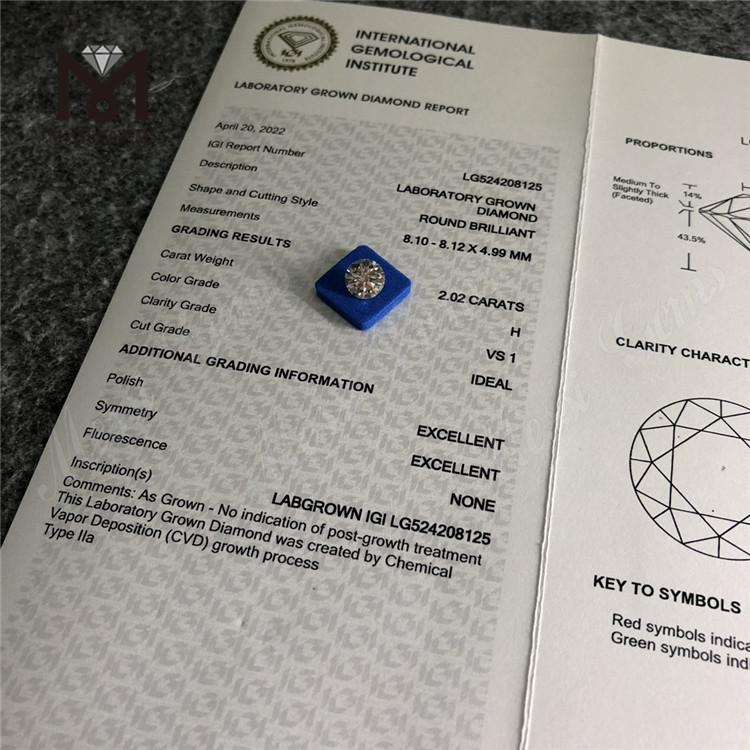 2.02ct H VS1 Corte brillante redondo Certificado IGI Costo de diamantes hechos por el hombre