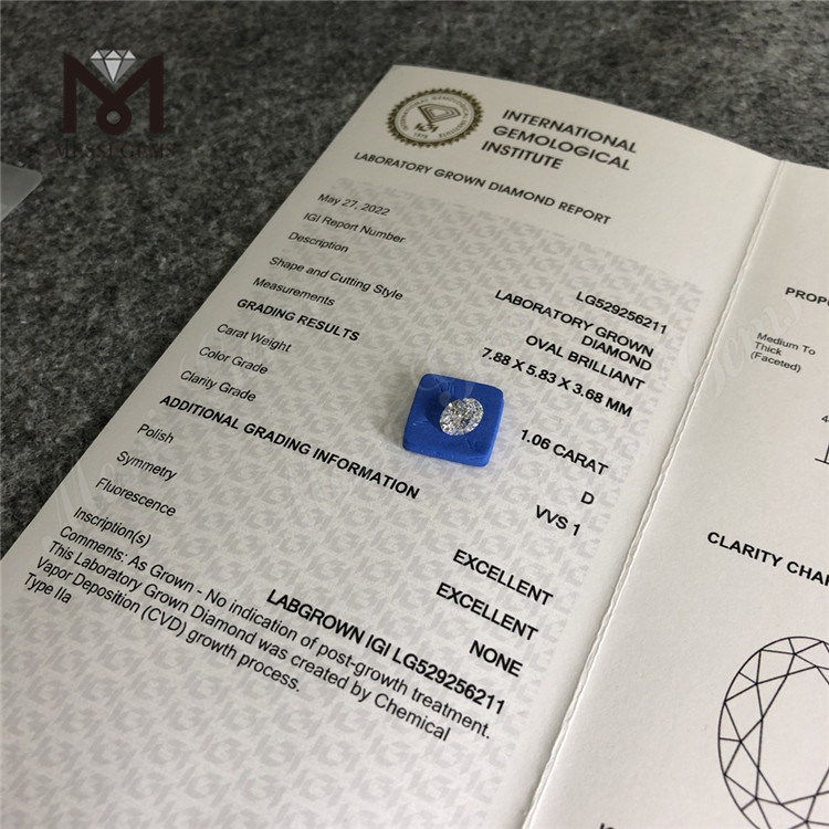 1.06ct D VVS1 EX EX OVAL Diamante sintético CVD