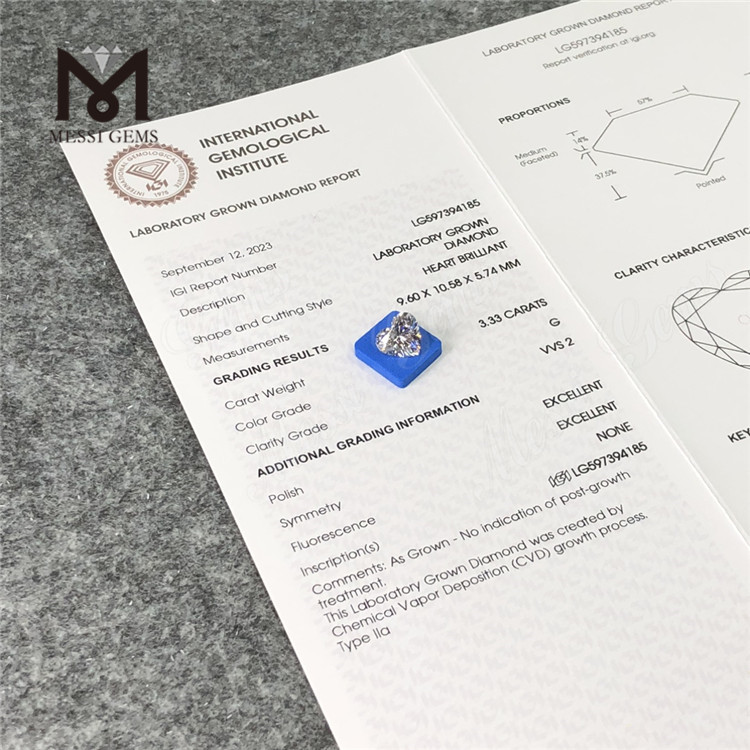 3.33CT G VVS2 EX EX HS Diamante cvd cultivado en laboratorio de 3 quilates LG597394185 丨Messigems 