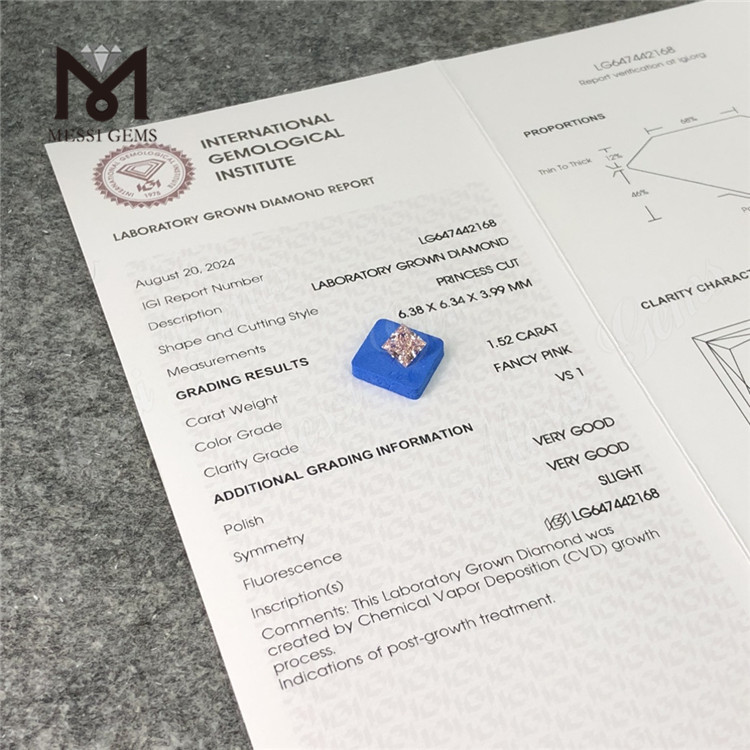 1.52CT SQ FANCY PINK VS1 CVD Diamante cultivado suelto LG647442168 