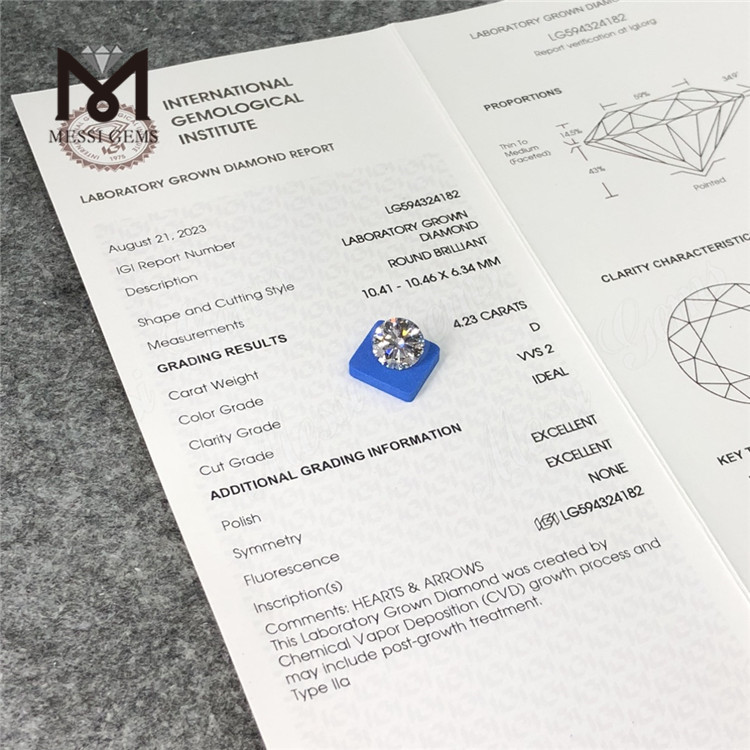 4.23CT D VVS2 ID EX EX redondo cvd diamante cultivado en laboratorio Asequible LG594324182 丨Messigems