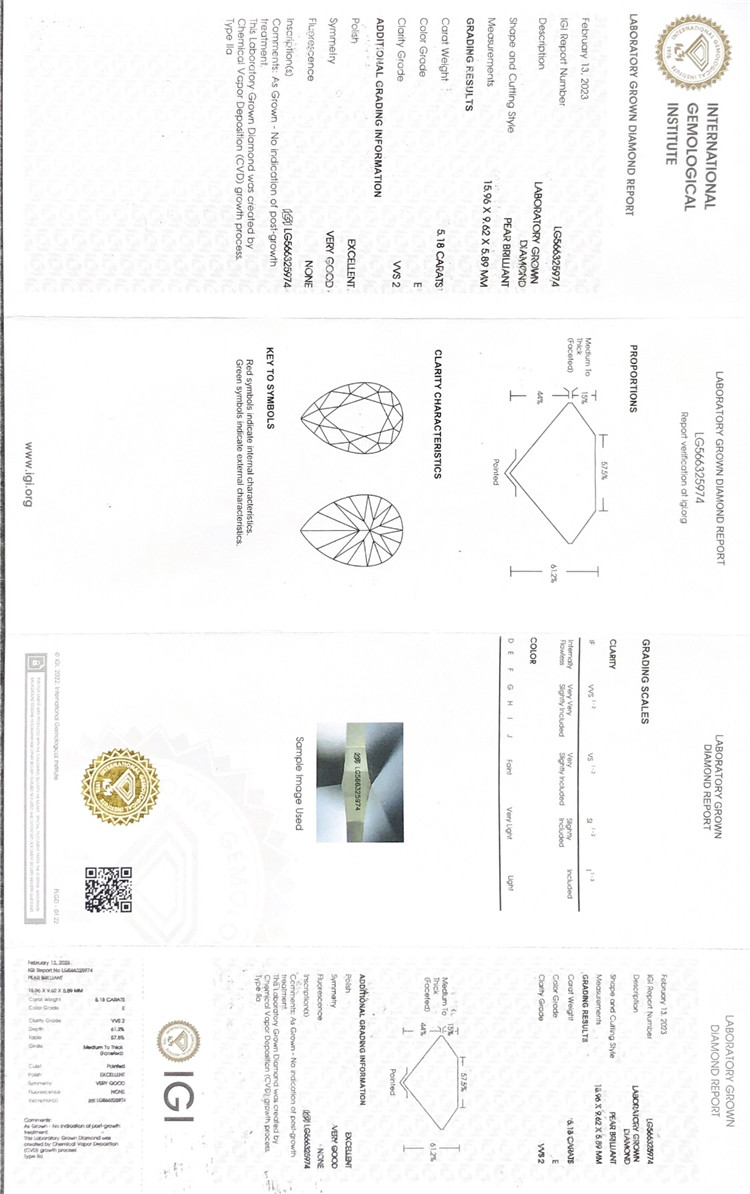 Diamantes cultivados en laboratorio en forma de pera de 5 quilates