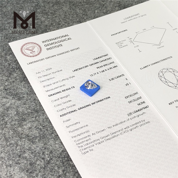 3.00CT E VS1 PEAR diamantes de laboratorio de la mejor calidad IGI LG640479447 丨Messigems